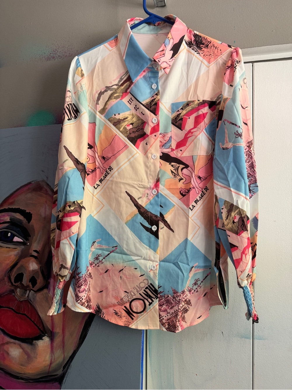 Vintage Postcard Novelty Print Oversized Silky Button Down Shirt Shacket M